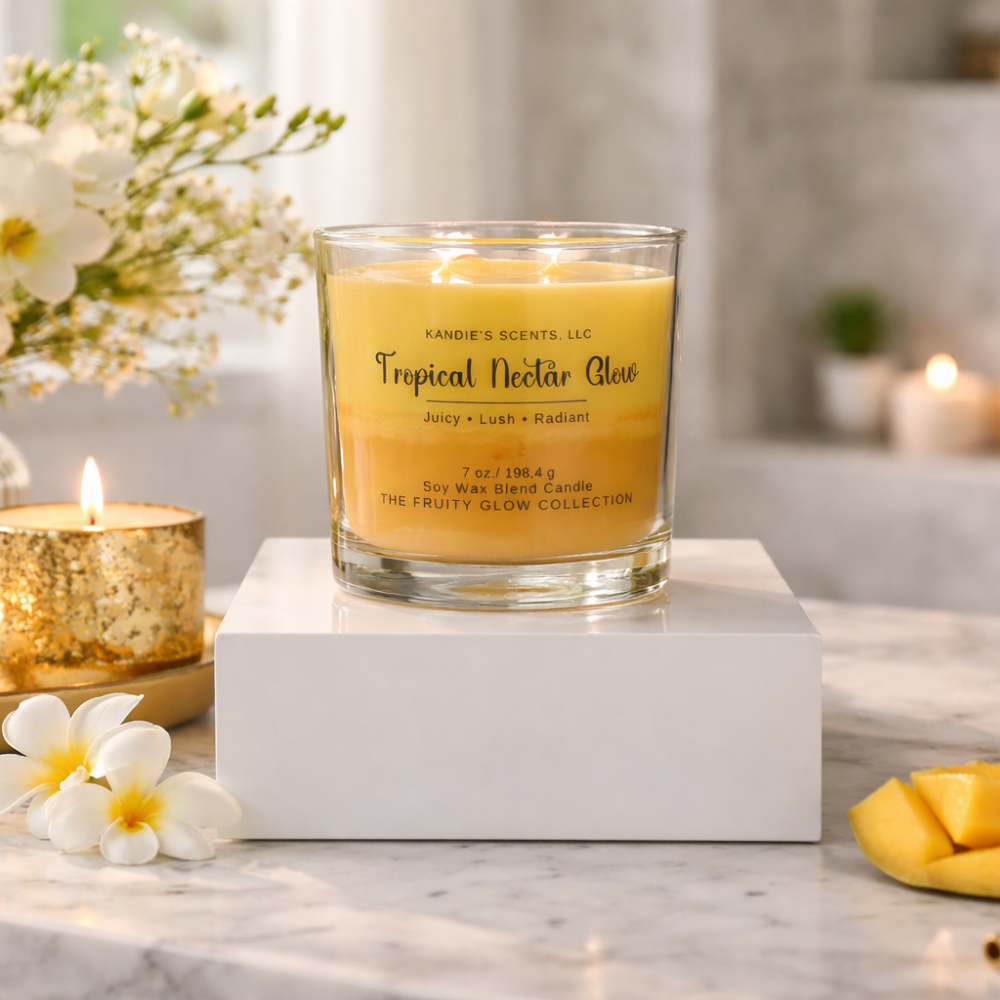 Tropical Nectar Glow candle on a white block with flowers and another candle in the background.