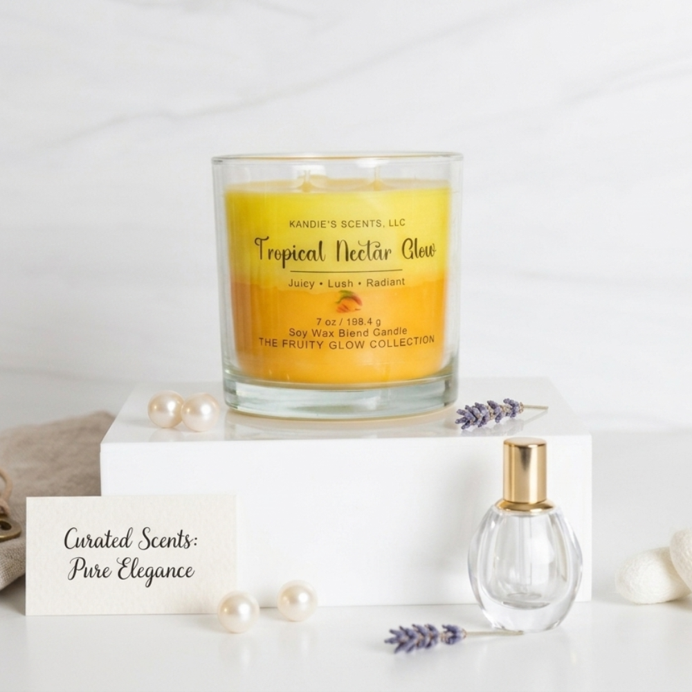 Tropical Nectar Glow candle with a card and perfume bottle on a white background