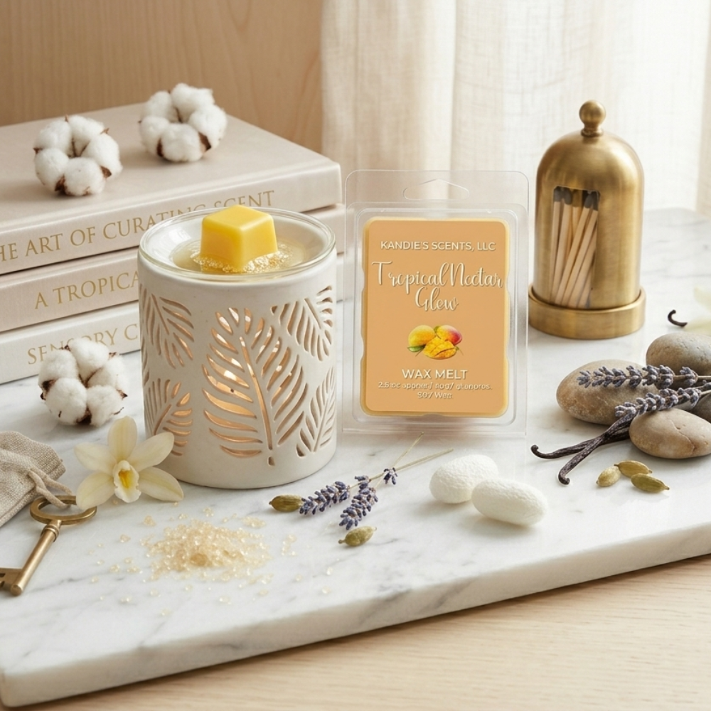White wax melt burner with a tropical fruit-scented wax melt on a marble surface with decorative items.