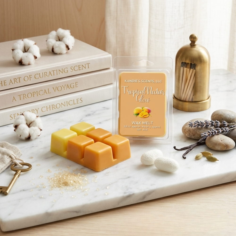 Wax melts with packaging on a marble surface with books and decorative items.