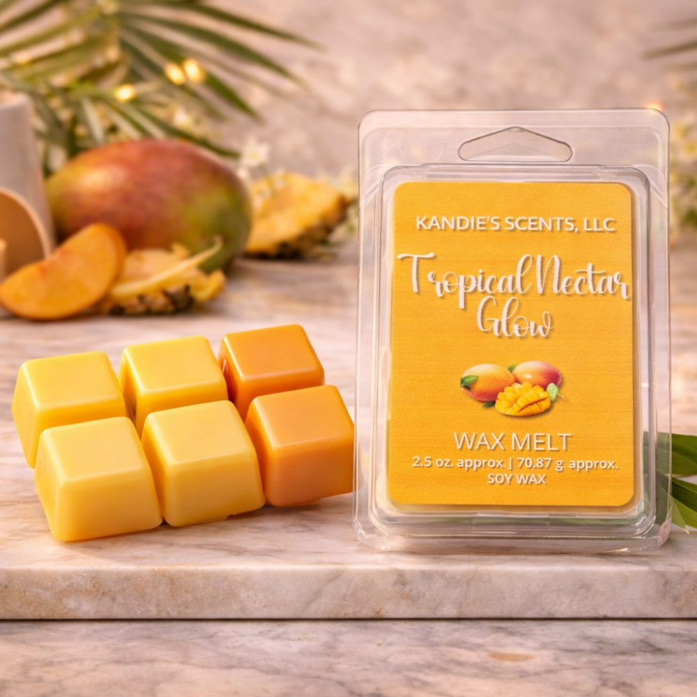 Kandie's Scents Tropical Nectar Glow wax melts with packaging on a wooden surface.