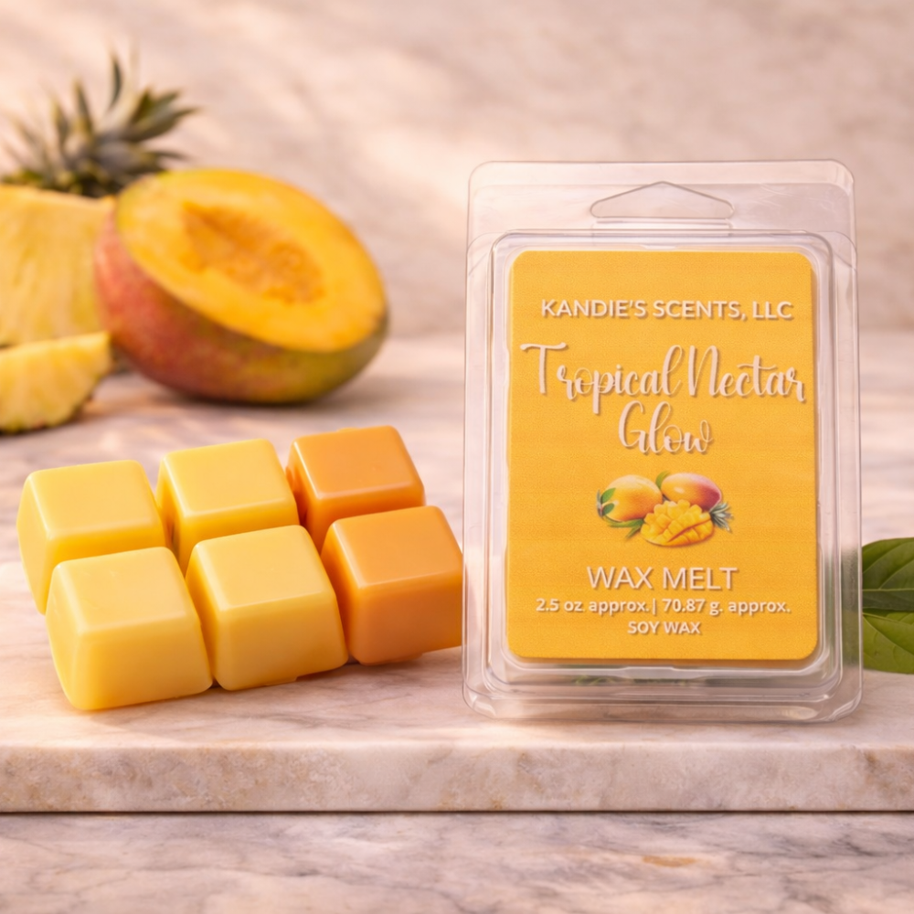 Kandie's Scents Tropical Nectar Glow wax melts with pineapple and mango on a wooden surface.