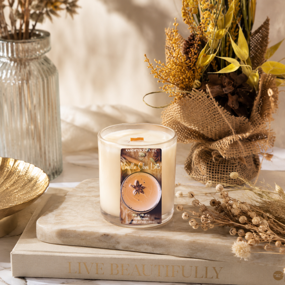 A lit soy candle in a tan glass jar sits on stacked books on a marble slab, styled with dried flowers and a ribbed glass vase in a warm, rustic setting. The label reads 'Kandie's Scents' and 'Vanilla Chai Latte'.