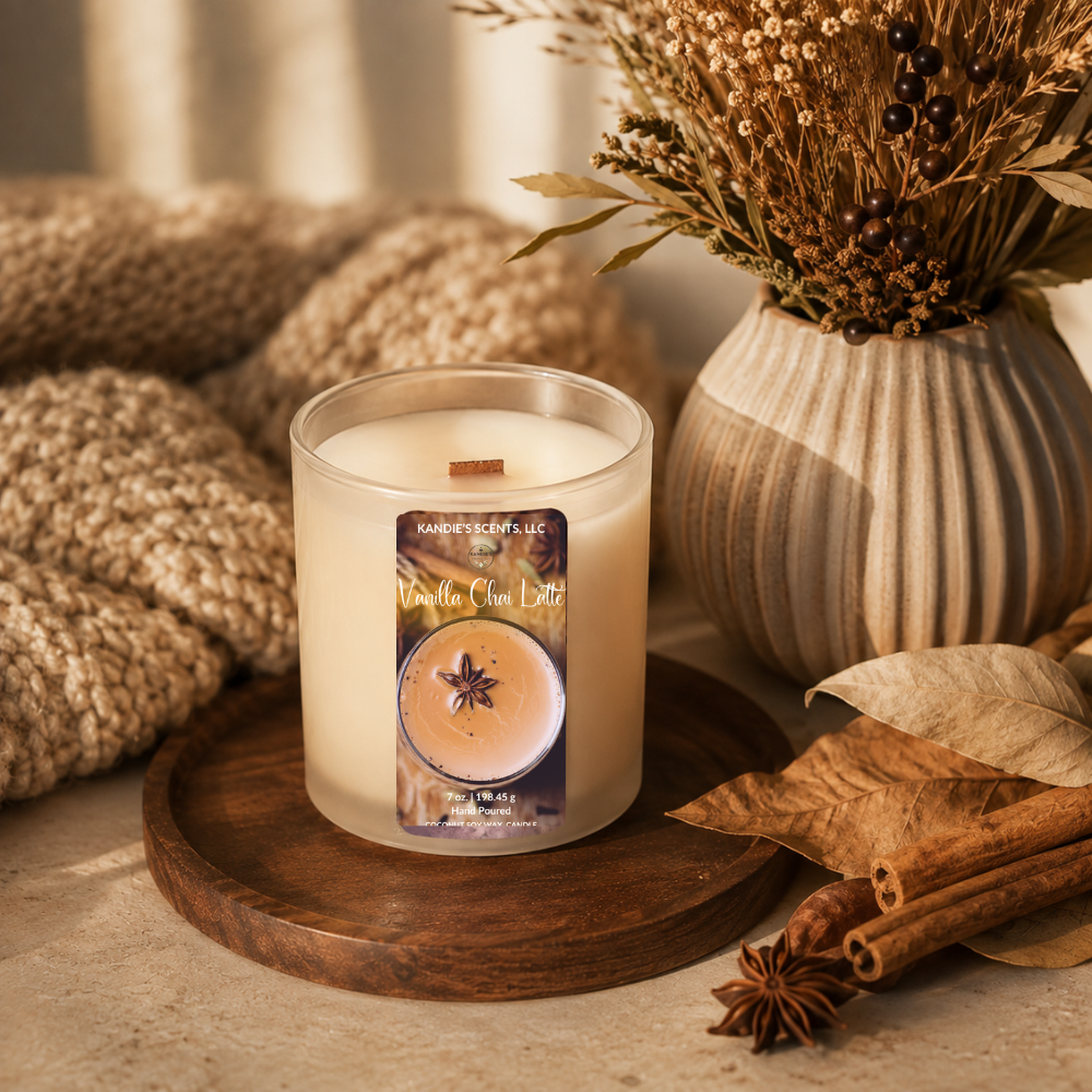A glass jar candle labeled 'Vanilla Chai Latte' sits on a round wooden tray, surrounded by cozy autumn props including a chunky knit blanket, dried flowers in a ribbed vase, cinnamon sticks, and star anise.