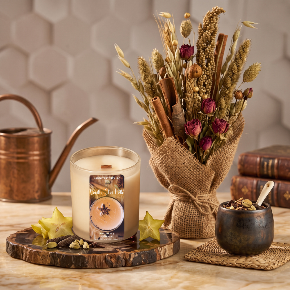 A scented candle in a clear glass jar sits on a wooden tray beside a wrapped bouquet of dried flowers and wheat, with a copper watering can, books, and a small bowl in a styled indoor setting.