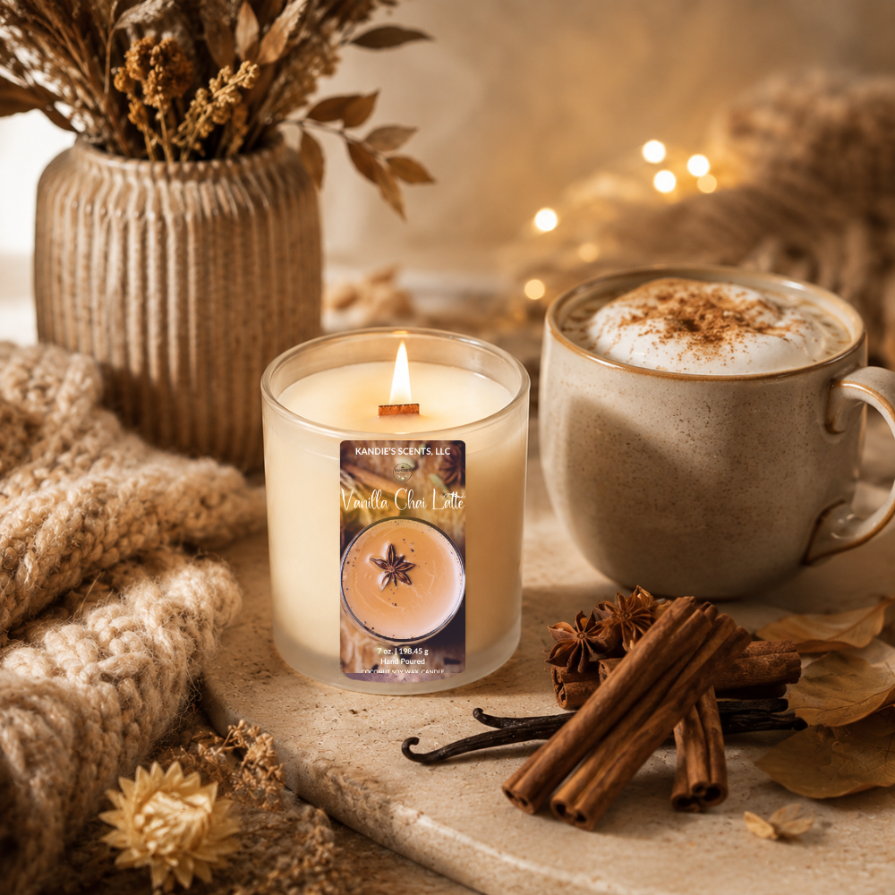 A lit candle in a clear glass jar labeled 'Vanilla Chai Latte' sits on a stone surface beside a ceramic mug of latte macchiato, with cinnamon sticks, star anise, dried flowers, and a knitted blanket in a warm cozy setting.
