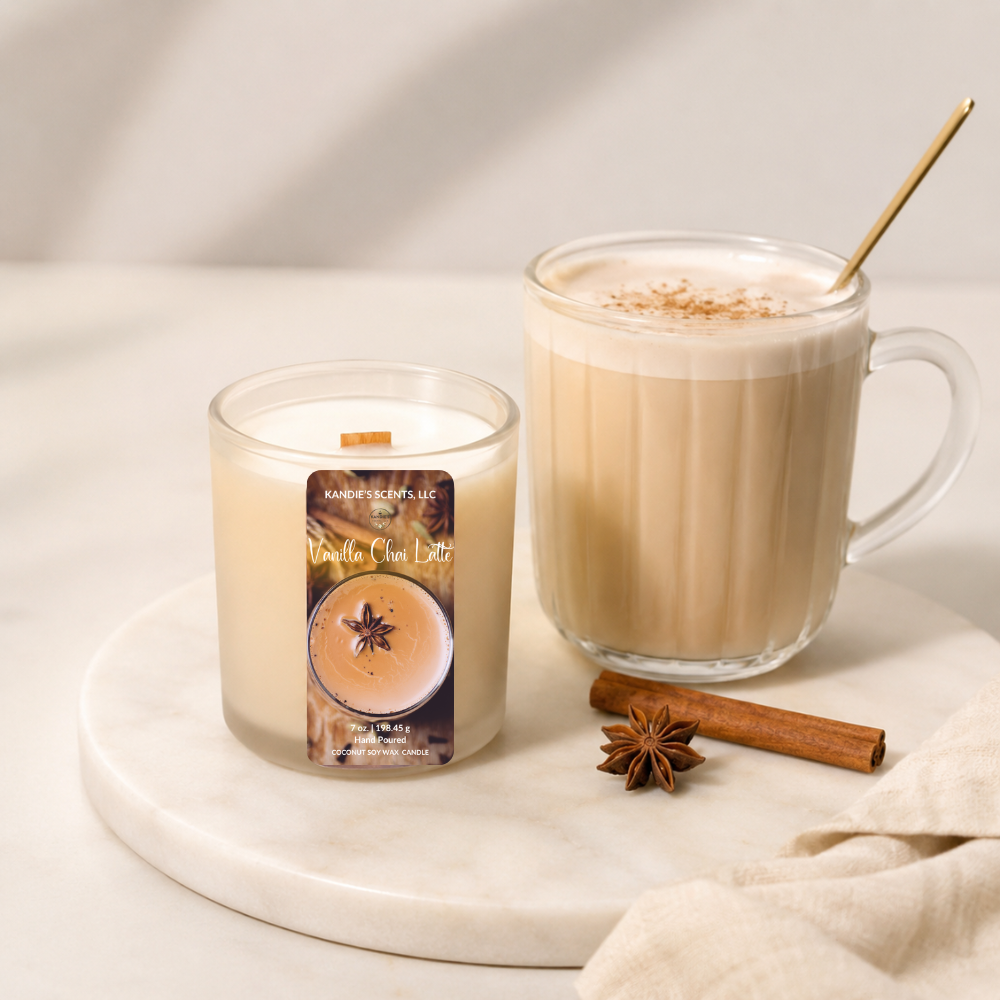 A glass jar candle labeled 'Kandie's Scents' and 'Vanilla Chai Latte' sits on a white marble tray beside a matching glass mug filled with a latte, with cinnamon sticks and star anise nearby.