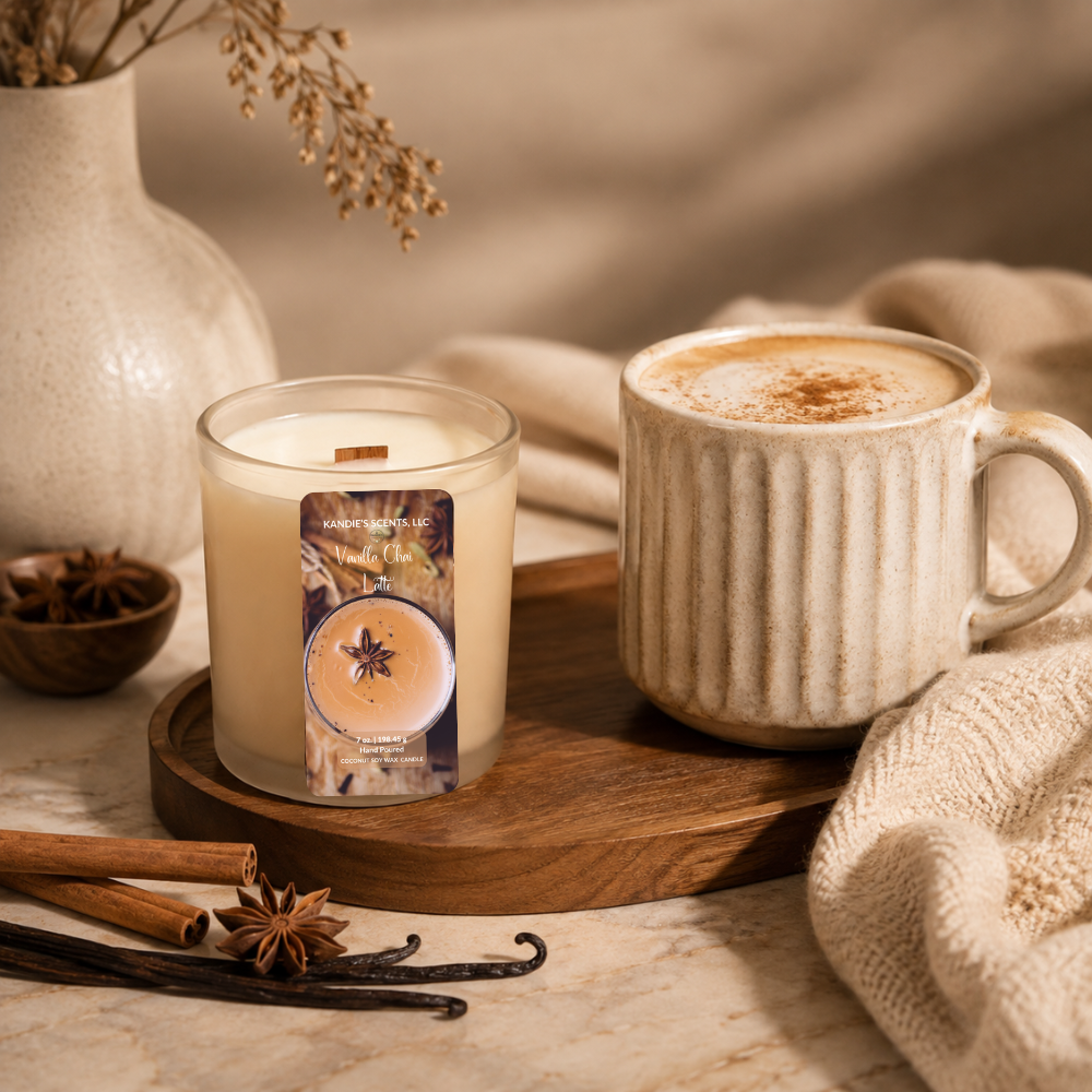 A glass jar candle with a warm cream-colored wax and a rustic label sits on a wooden tray beside a ribbed ceramic mug filled with a latte, styled with cinnamon sticks, vanilla beans, and dried flowers.