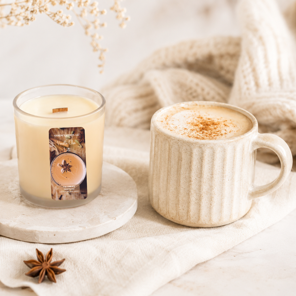 A cozy lifestyle scene featuring a glass jar candle and a textured ceramic mug filled with a hot latte, styled on a neutral fabric surface with a knitted blanket, star anise, and dried flowers.