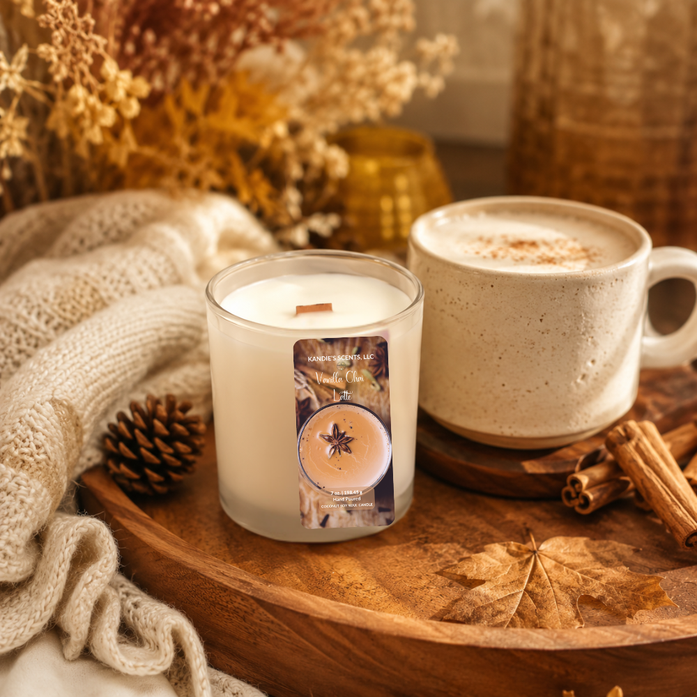A glass jar candle with a warm autumn-themed label sits on a wooden tray beside a ceramic mug of coffee, with dried flowers, a knit blanket, and cinnamon sticks in a cozy styled setting.
