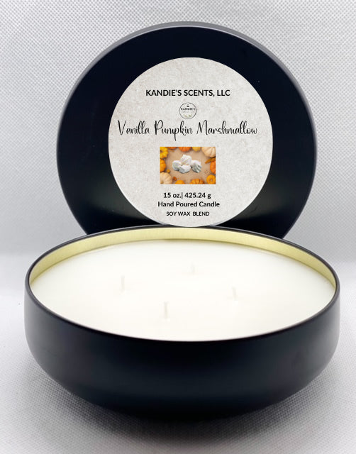 Vanilla Pumpkin Marshmallow candle tin with pumpkin and vanilla scent