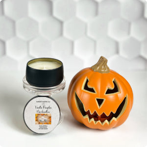Travel-size candle with pumpkin spice and marshmallow notes