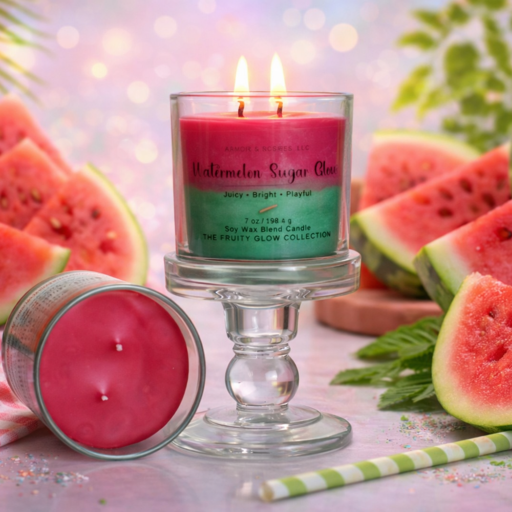 Candle with watermelon flavor surrounded by watermelon slices on a light background