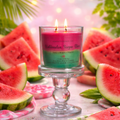Candle in a glass holder with watermelon slices and leaves in the background