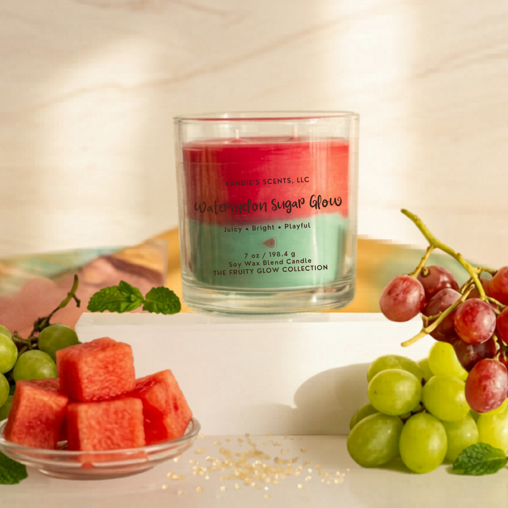 Candle labeled 'Washington Sugar Glow' with watermelon and grapes on a table