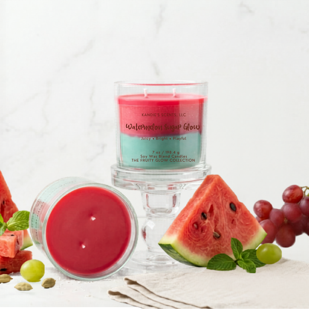 Two red candles in glass jars with watermelon slices and grapes on a white background