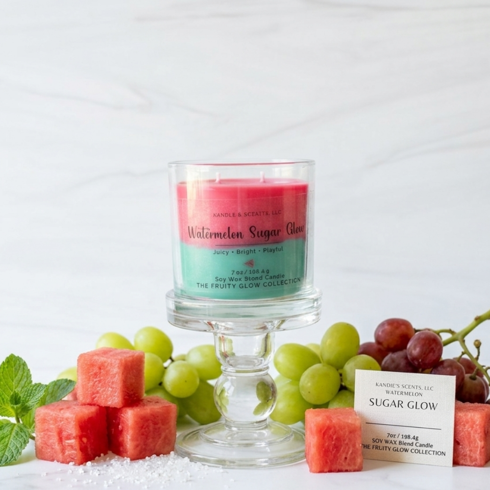 Candle with watermelon and sugar glow label surrounded by watermelon cubes, grapes, and mint leaves on a white background.