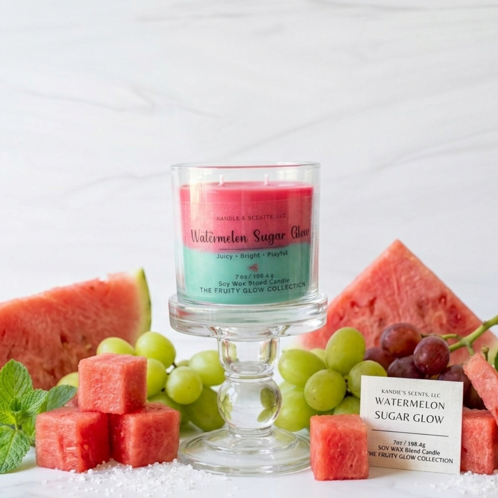 Candle labeled 'Watermelon Sugar Glow' with watermelon and grapes on a white background