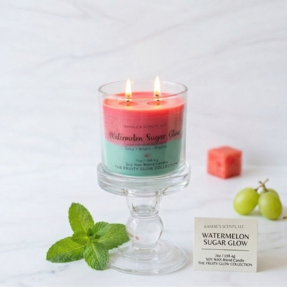 Two-layered candle labeled 'Watermelon Sugar Glow' with watermelon and mint leaves on a white background