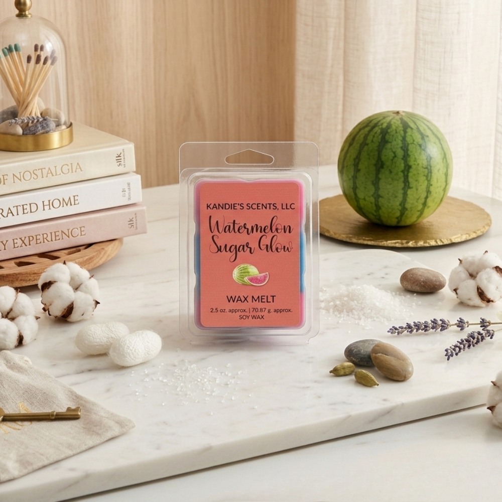 Kandie's Scents wax melt packaging with a watermelon on a decorative surface