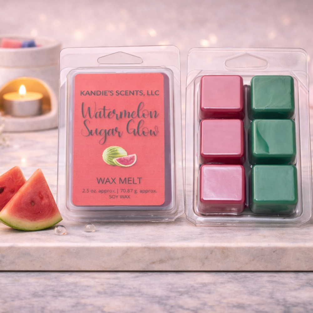 Kandie's Scents wax melts packaging with watermelon slices on a marble surface.