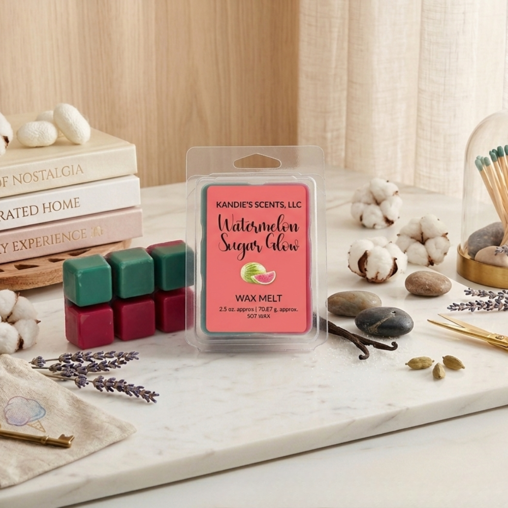 Kandie's Scents wax melt packaging on a decorative surface with books in the background