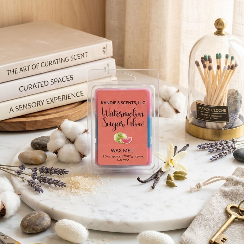 Kandie's Scents wax melt packaging on a marble surface with books and decorative items.