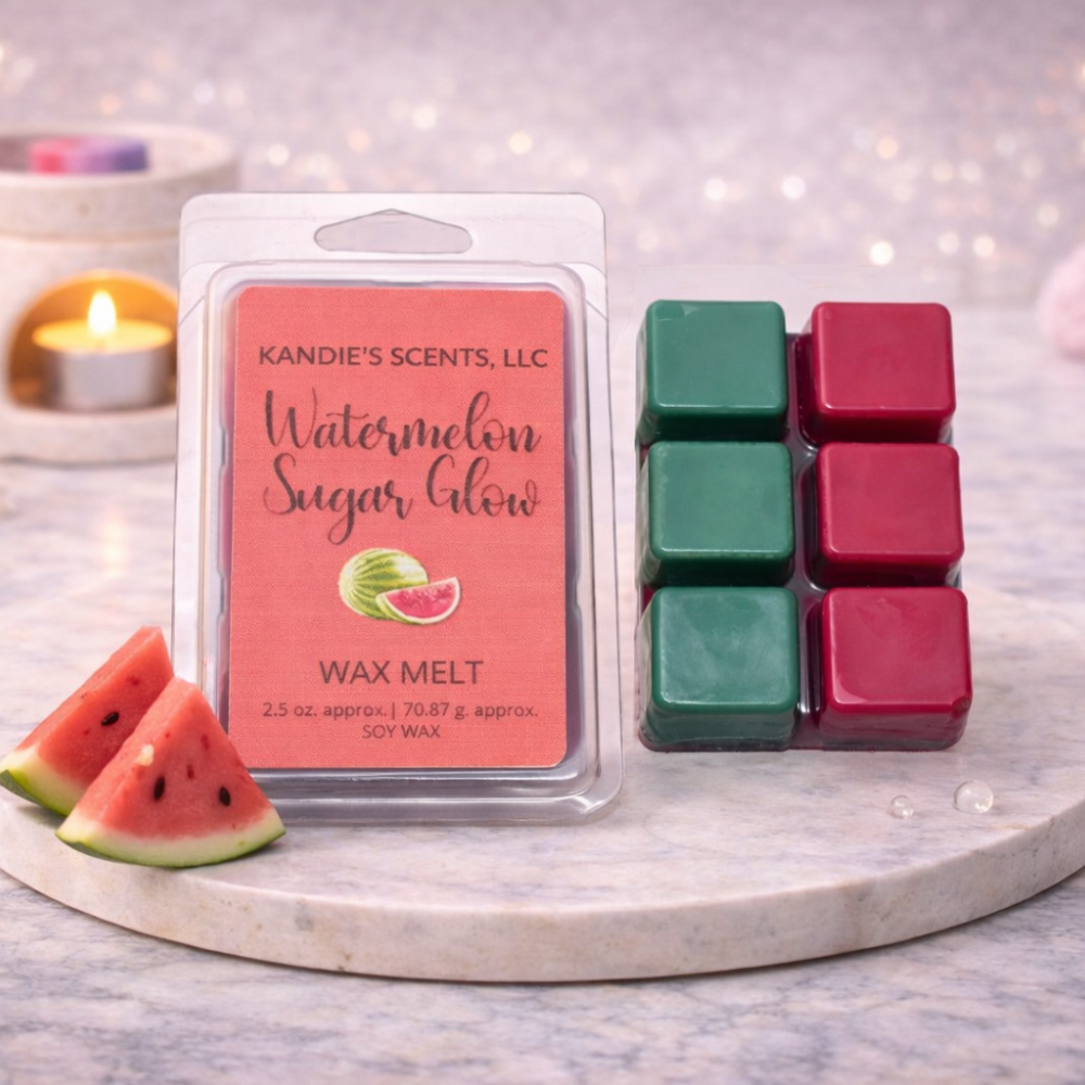 Kandie's Scents wax melt package with watermelon slices on a decorative surface.
