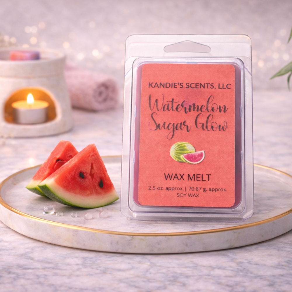 Kandie's Scents wax melt package with watermelon slices and a candle in the background