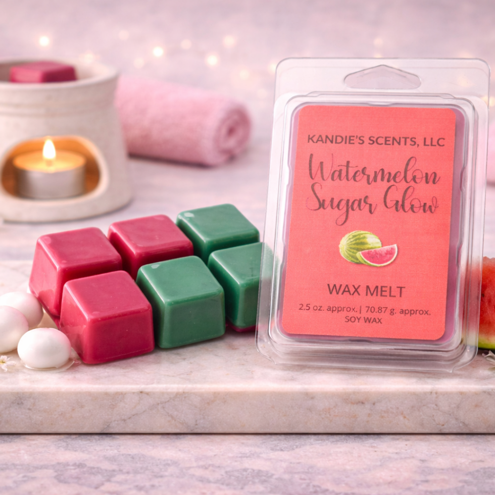 Wax melts in red and green with a 'Watermelon Sugar Glow' wax melt package on a light background.