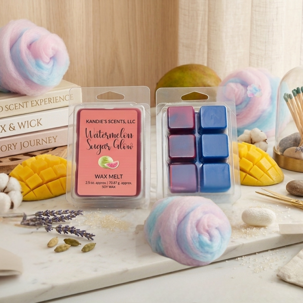 Wax melts and packaging with 'Kandie's Scents' branding on a decorative surface.