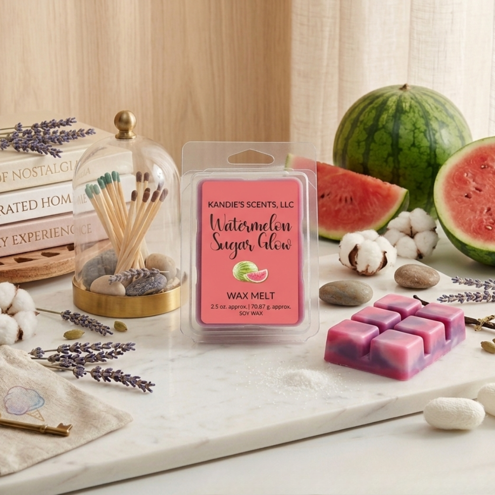 Kandie's Scents watermelon sugar glow wax melt packaging on a decorative surface with watermelons and lavender.