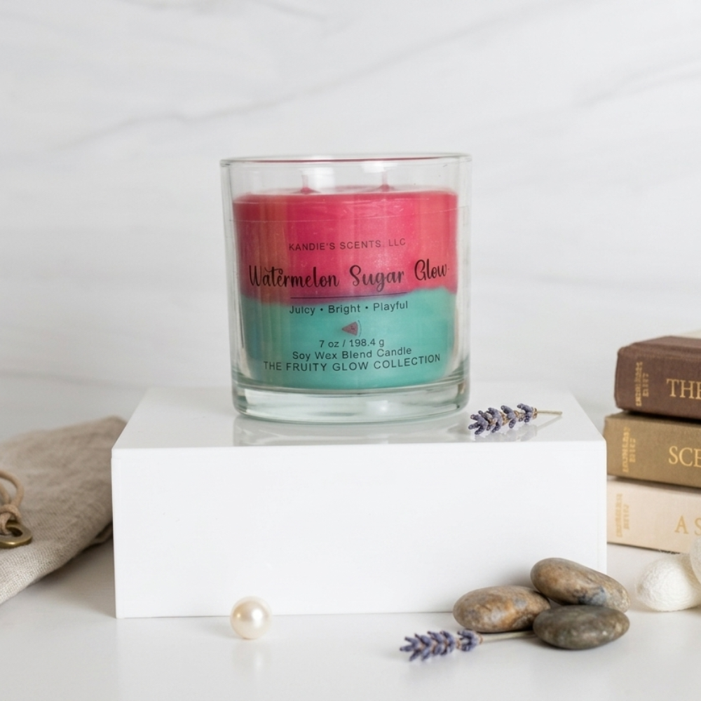 Candle with a colorful label on a white surface with books and decorative items.