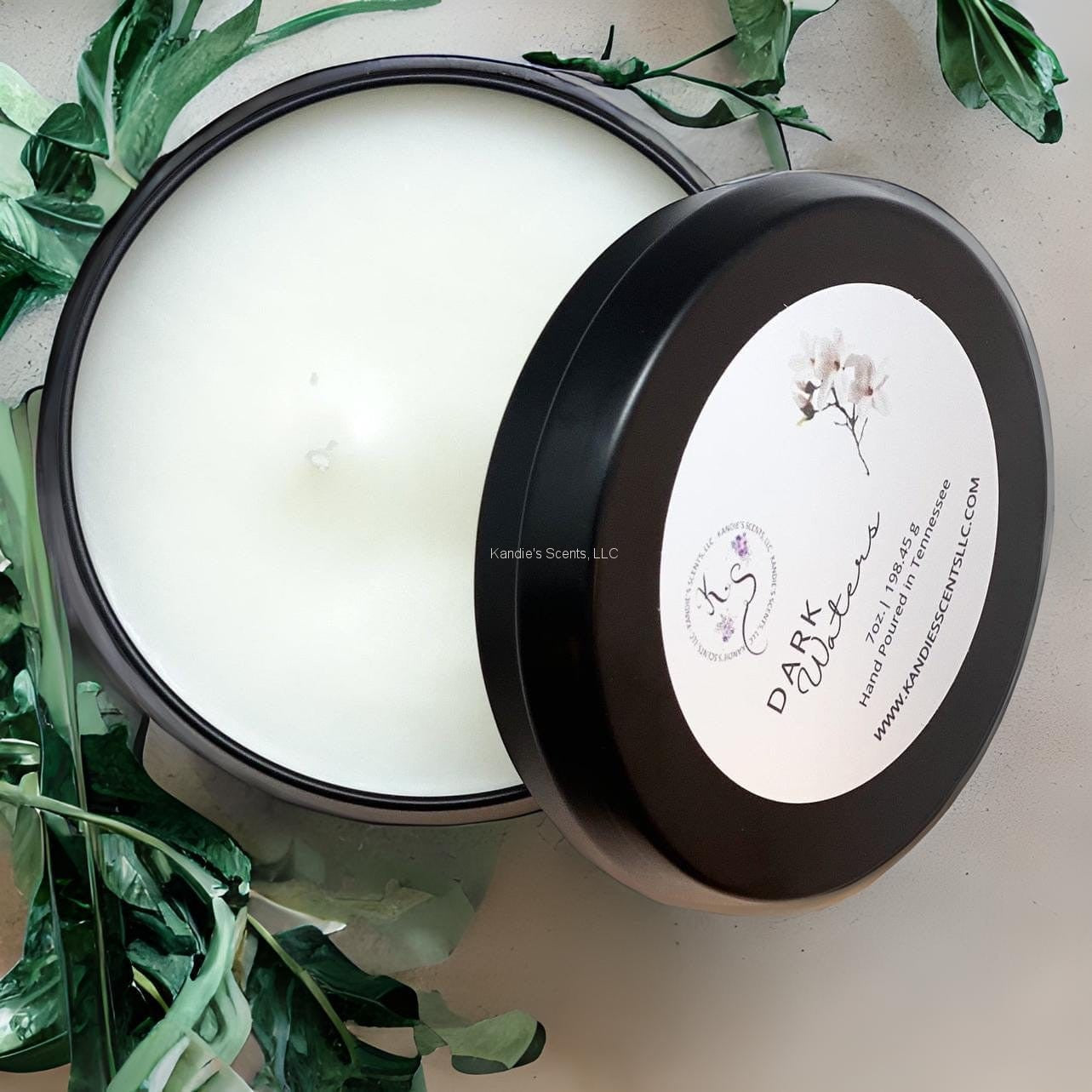 Dark Waters candle tin with sea salt and amber notes