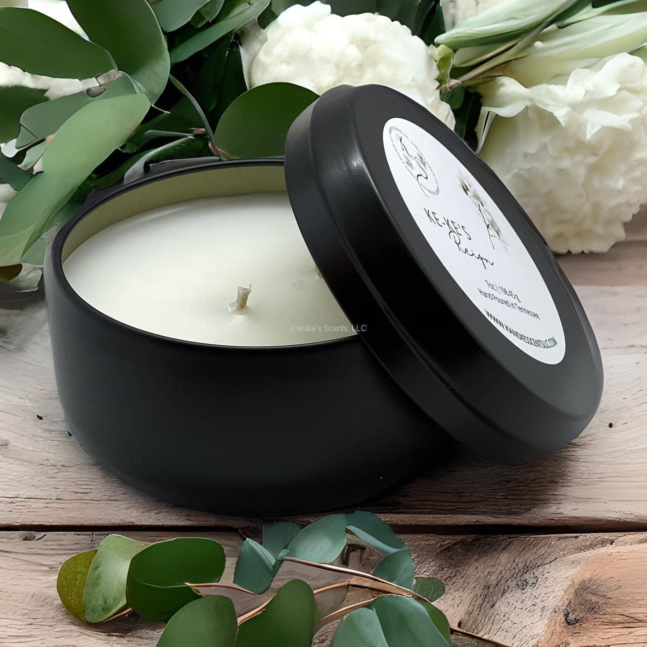 Ke-Ke’s Reign matte black soy wax candle tin with lavender and amber