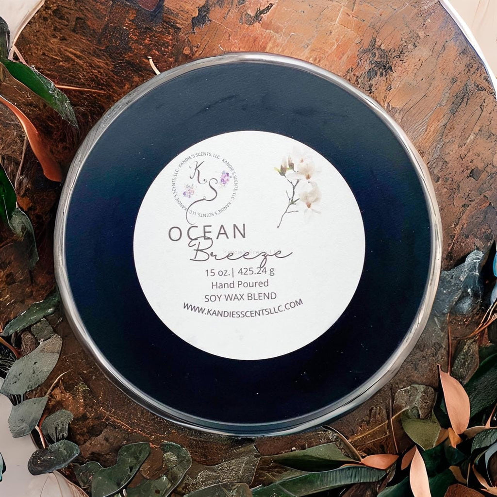Matte black soy blend tin candle with fresh ocean fragrance