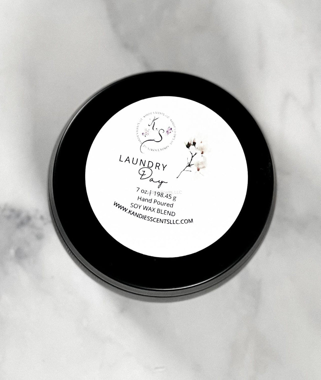 Laundry Day soy wax candle tin with fresh cotton and white musk scent