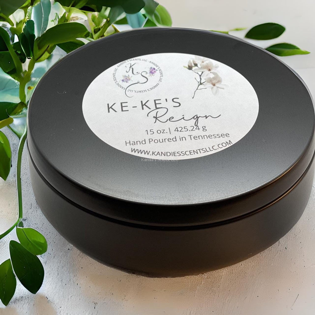 Ke-Ke’s Reign matte black soy wax candle tin with lavender and amber