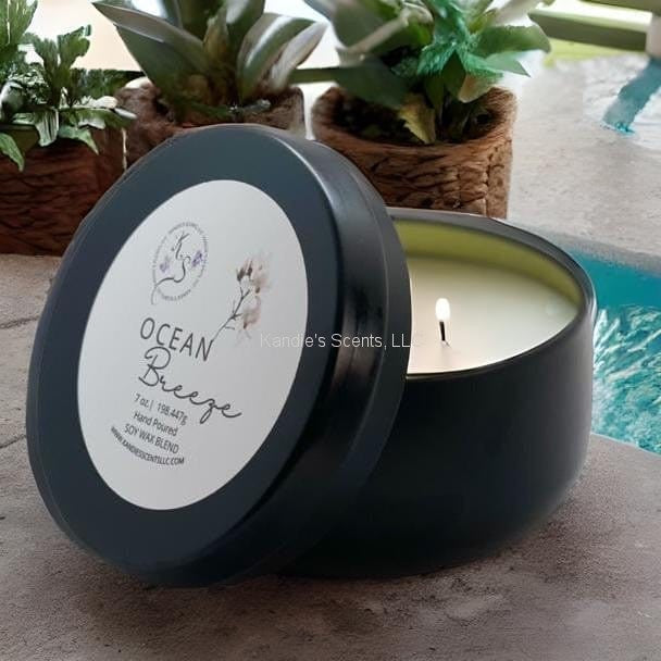Ocean Breeze candle tin with sea salt and ozone scent