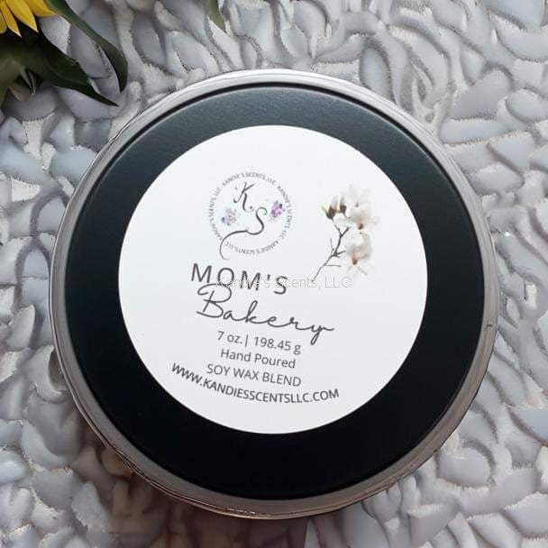 Mom’s Bakery soy candle tin with sweet bakery and vanilla scent