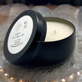 Matte black soy blend tin candle with mahogany and lavender