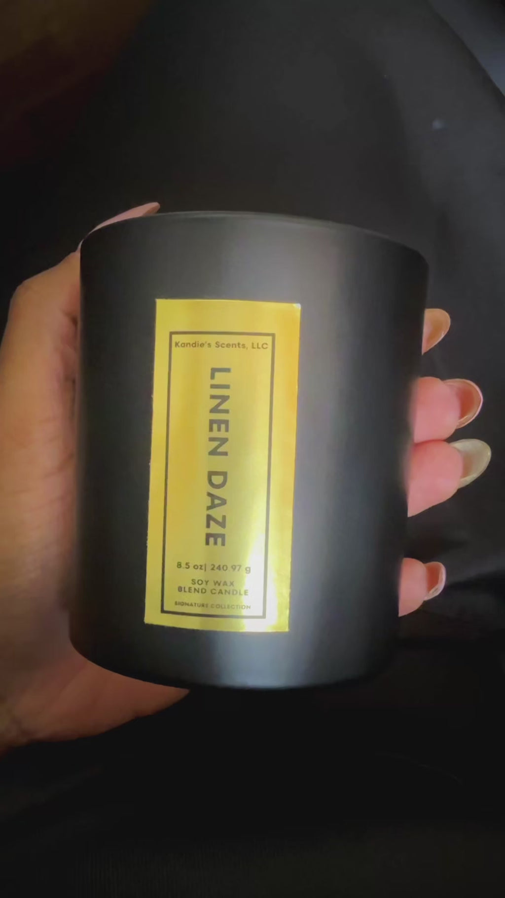 Up close video of Linen Daze 8.5 oz candle jar. 
